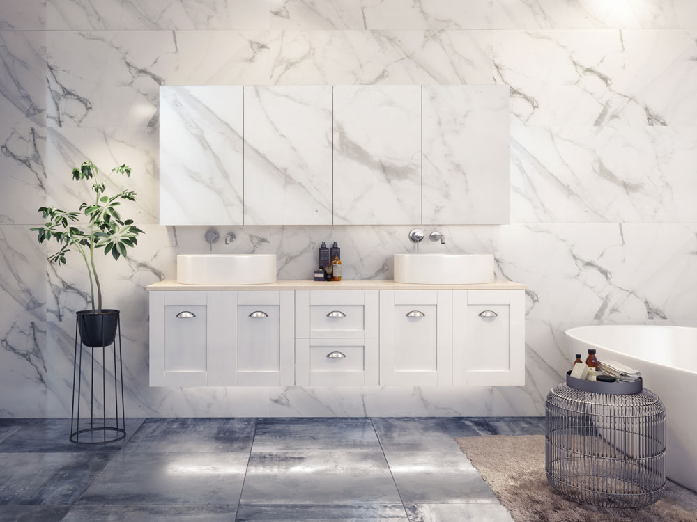 Timberline: Victoria Wall Hung with 20mm Silk Surface top with Above Counter or under counter basin